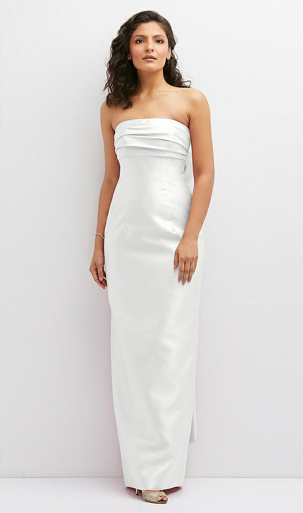 Front View - White Strapless Draped Bodice Column Dress with Oversized Bow