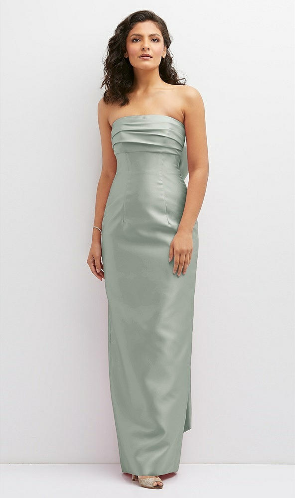 Front View - Willow Green Strapless Draped Bodice Column Dress with Oversized Bow