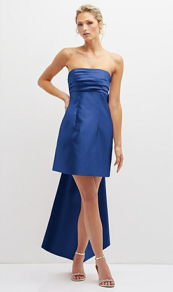 Front View - Classic Blue Strapless Satin Column Mini Dress with Oversized Bow