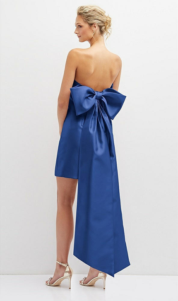 Back View - Classic Blue Strapless Satin Column Mini Dress with Oversized Bow