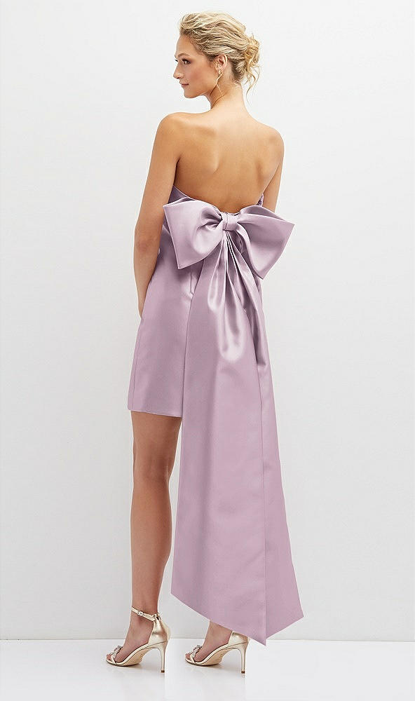 Back View - Suede Rose Strapless Satin Column Mini Dress with Oversized Bow