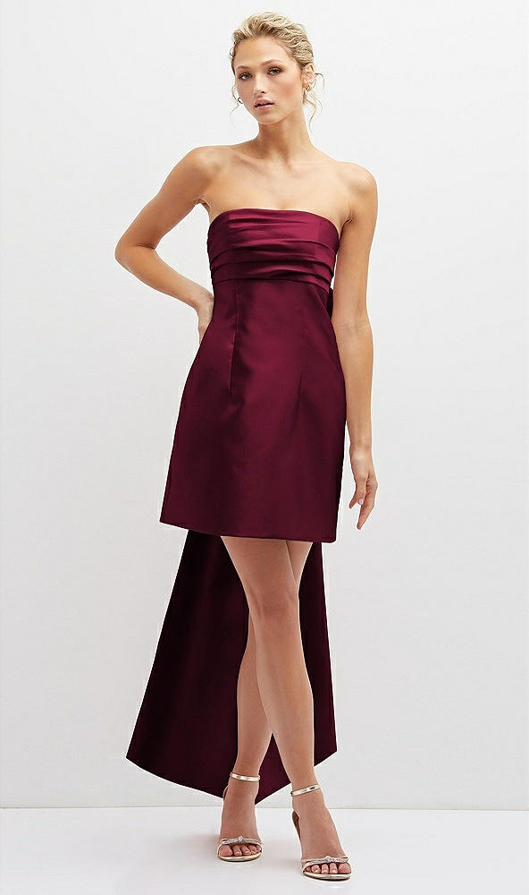 Front View - Cabernet Strapless Satin Column Mini Dress with Oversized Bow