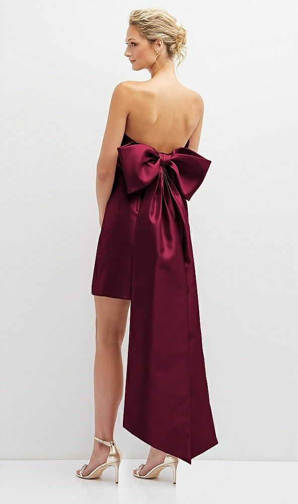 Back View - Cabernet Strapless Satin Column Mini Dress with Oversized Bow