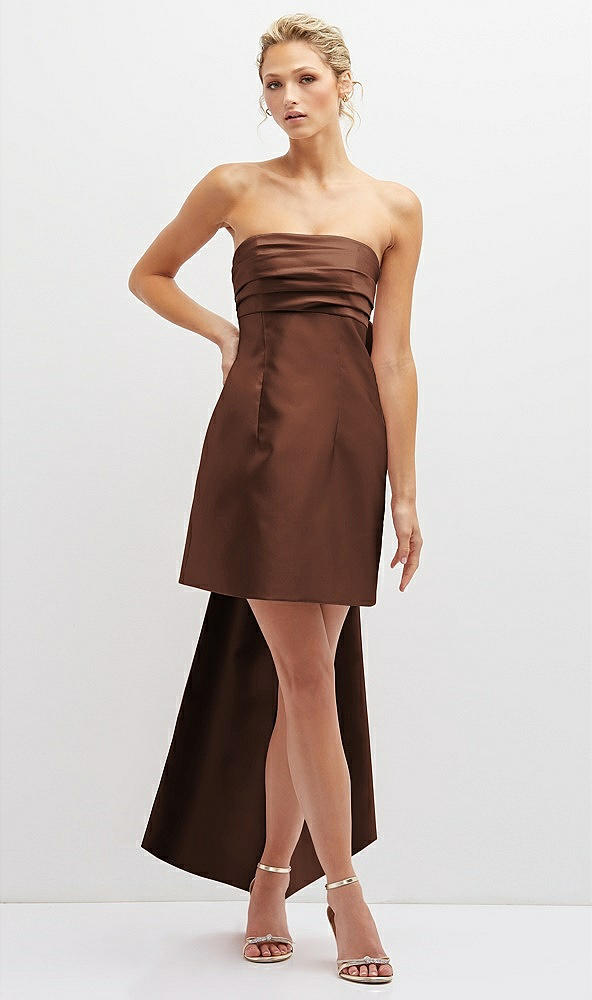 Front View - Cognac Strapless Satin Column Mini Dress with Oversized Bow
