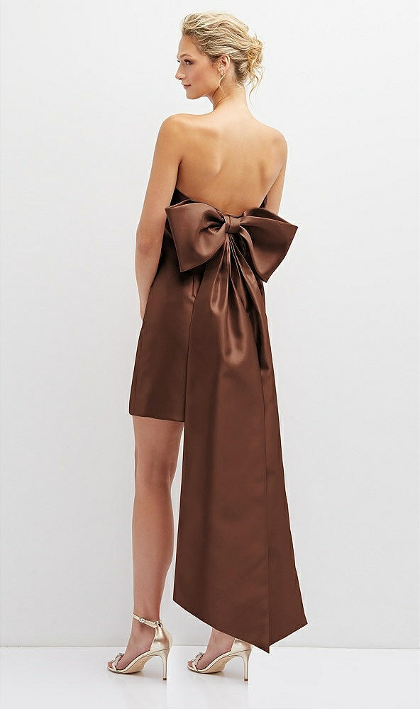Back View - Cognac Strapless Satin Column Mini Dress with Oversized Bow