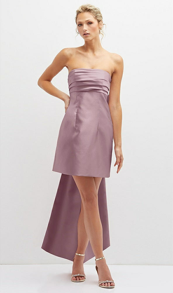 Front View - Dusty Rose Strapless Satin Column Mini Dress with Oversized Bow