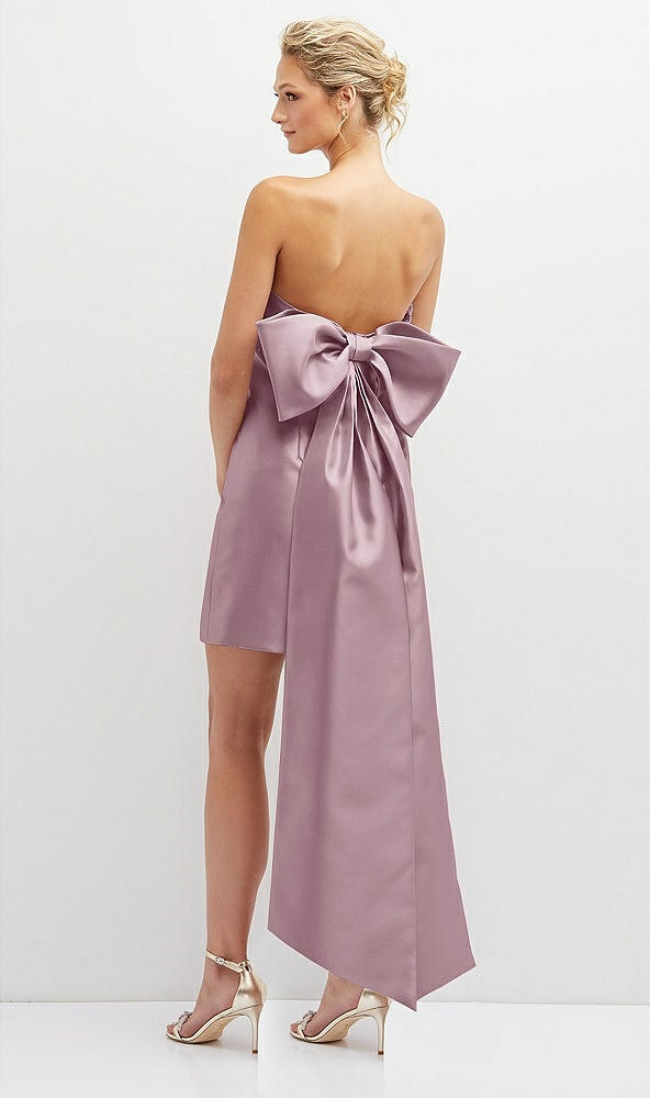Back View - Dusty Rose Strapless Satin Column Mini Dress with Oversized Bow
