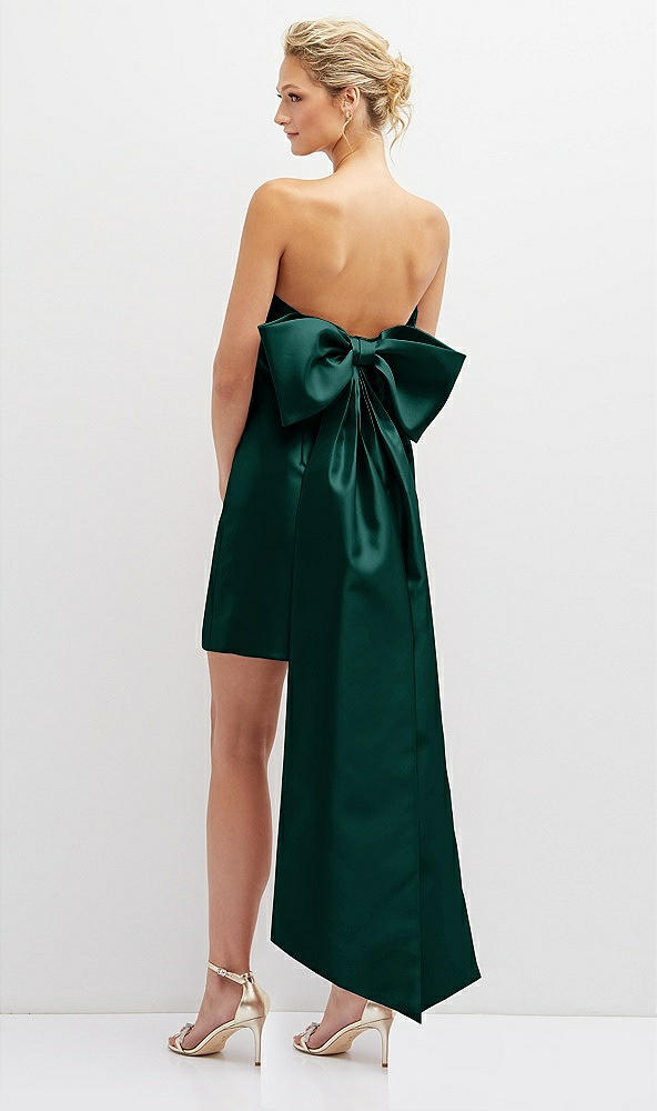 Back View - Evergreen Strapless Satin Column Mini Dress with Oversized Bow