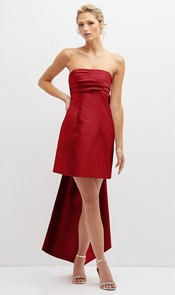 Front View - Garnet Strapless Satin Column Mini Dress with Oversized Bow