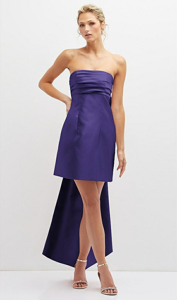 Front View - Grape Strapless Satin Column Mini Dress with Oversized Bow