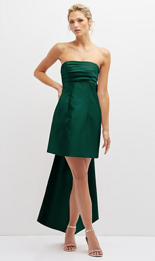 Front View - Hunter Green Strapless Satin Column Mini Dress with Oversized Bow