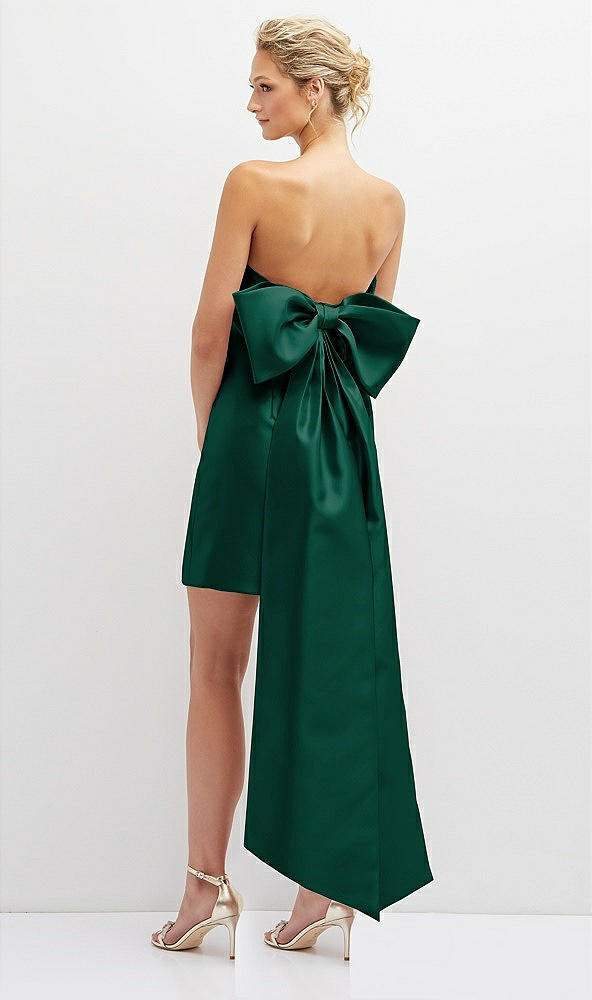 Back View - Hunter Green Strapless Satin Column Mini Dress with Oversized Bow