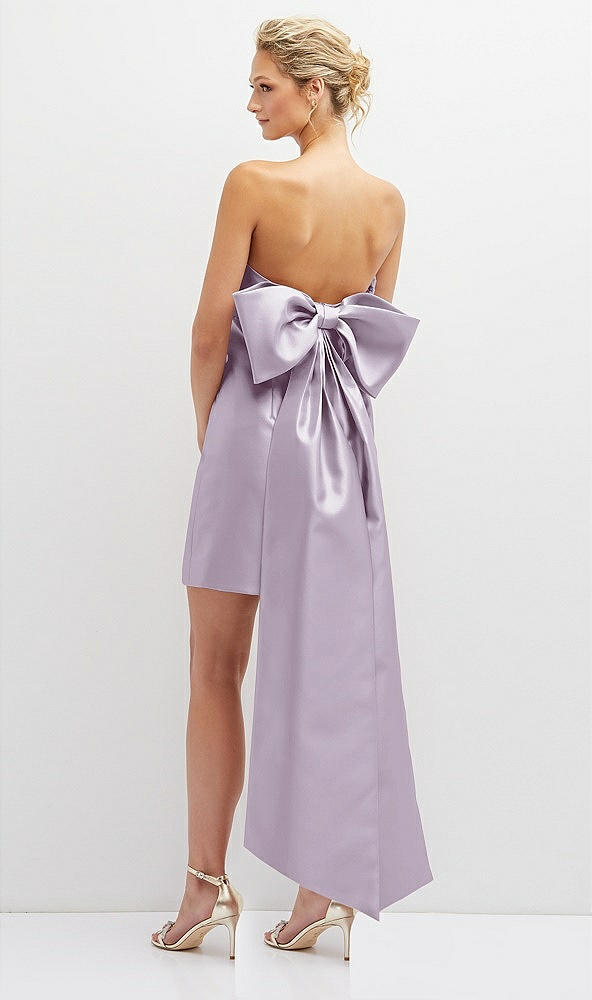 Back View - Lilac Haze Strapless Satin Column Mini Dress with Oversized Bow