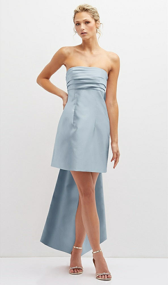 Front View - Mist Strapless Satin Column Mini Dress with Oversized Bow