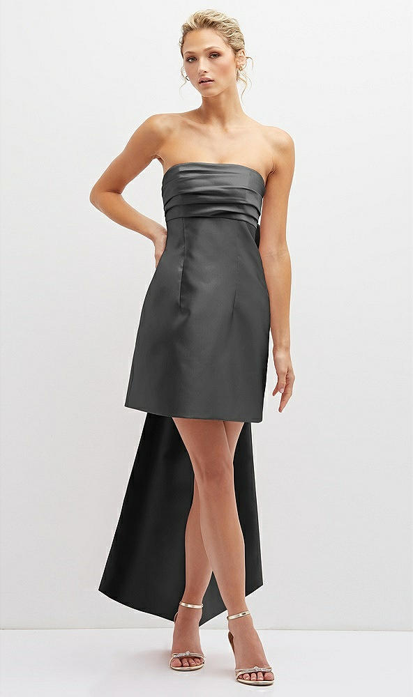 Front View - Pewter Strapless Satin Column Mini Dress with Oversized Bow