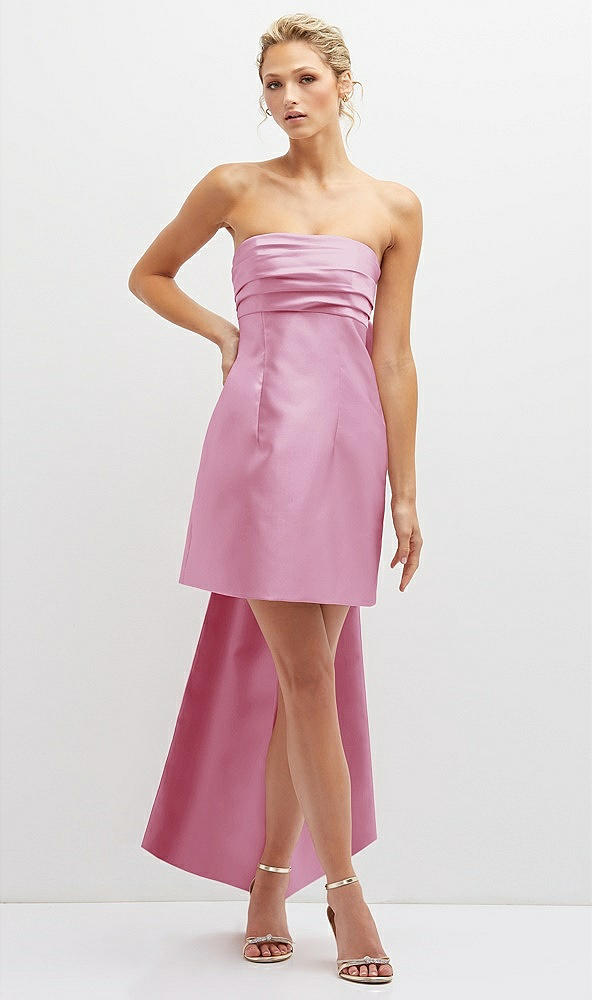 Front View - Powder Pink Strapless Satin Column Mini Dress with Oversized Bow
