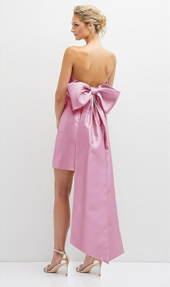 Back View - Powder Pink Strapless Satin Column Mini Dress with Oversized Bow