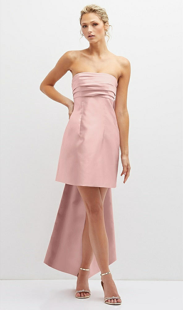 Front View - Rose - PANTONE Rose Quartz Strapless Satin Column Mini Dress with Oversized Bow