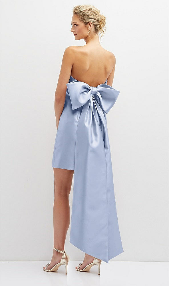 Back View - Sky Blue Strapless Satin Column Mini Dress with Oversized Bow
