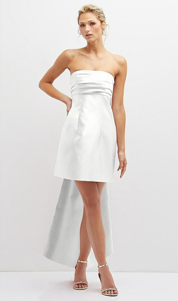 Front View - White Strapless Satin Column Mini Dress with Oversized Bow