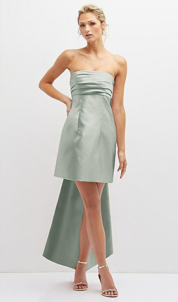 Front View - Willow Green Strapless Satin Column Mini Dress with Oversized Bow