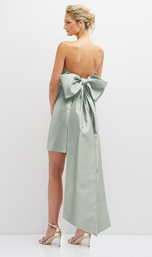Back View - Willow Green Strapless Satin Column Mini Dress with Oversized Bow