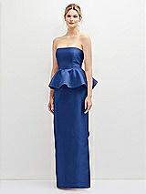 Front View Thumbnail - Classic Blue Strapless Satin Maxi Dress with Cascade Ruffle Peplum Detail