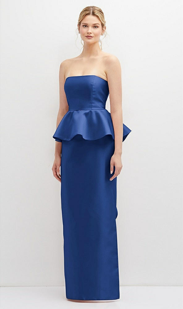 Front View - Classic Blue Strapless Satin Maxi Dress with Cascade Ruffle Peplum Detail