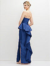Rear View Thumbnail - Classic Blue Strapless Satin Maxi Dress with Cascade Ruffle Peplum Detail