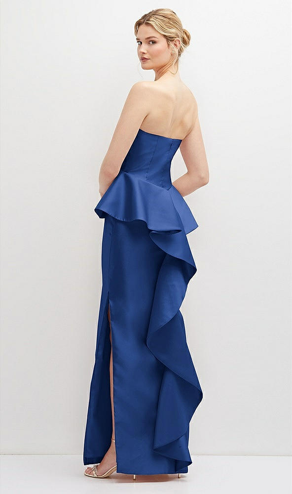 Back View - Classic Blue Strapless Satin Maxi Dress with Cascade Ruffle Peplum Detail