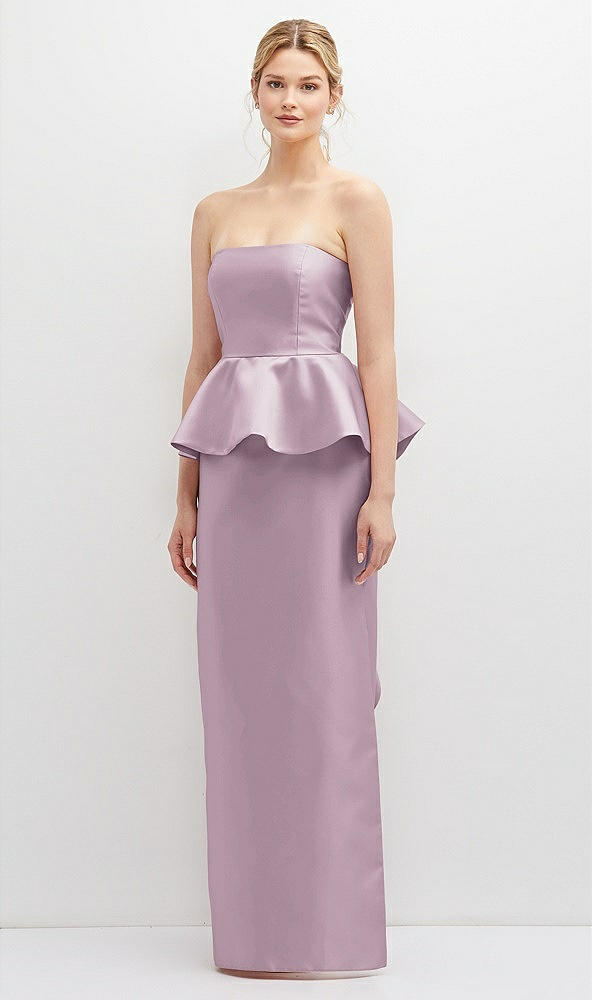 Front View - Suede Rose Strapless Satin Maxi Dress with Cascade Ruffle Peplum Detail