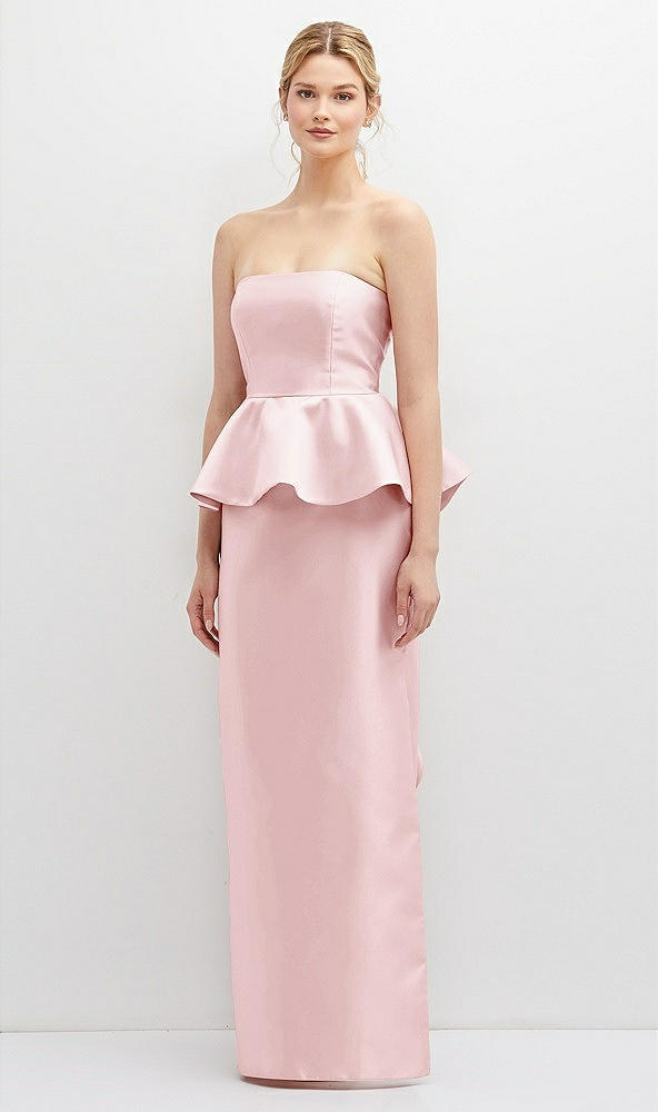 Front View - Ballet Pink Strapless Satin Maxi Dress with Cascade Ruffle Peplum Detail