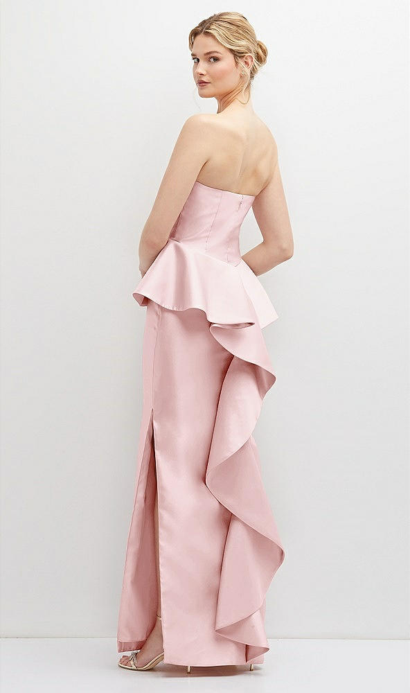 Back View - Ballet Pink Strapless Satin Maxi Dress with Cascade Ruffle Peplum Detail