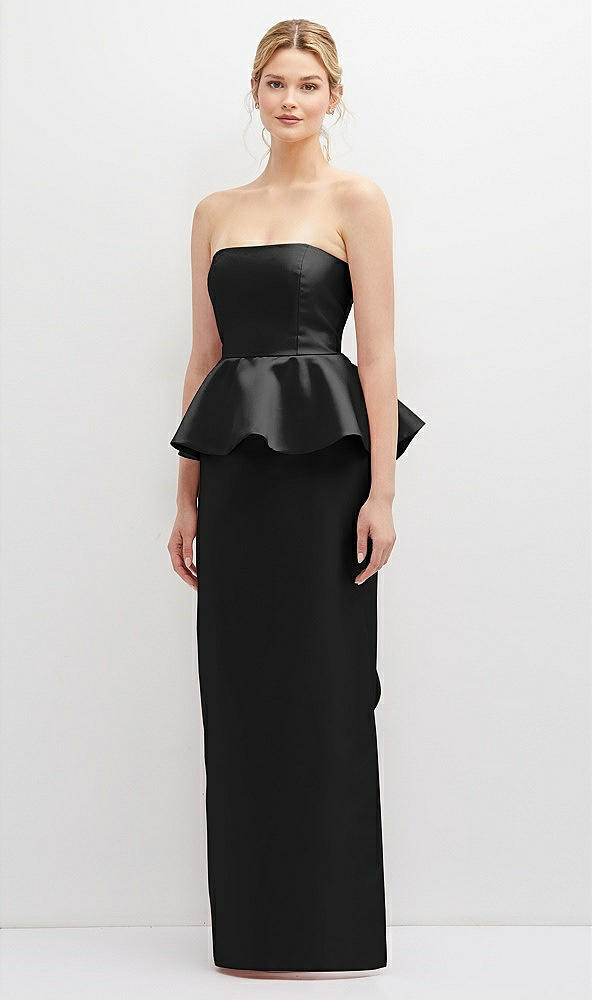 Front View - Black Strapless Satin Maxi Dress with Cascade Ruffle Peplum Detail