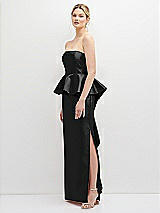 Side View Thumbnail - Black Strapless Satin Maxi Dress with Cascade Ruffle Peplum Detail