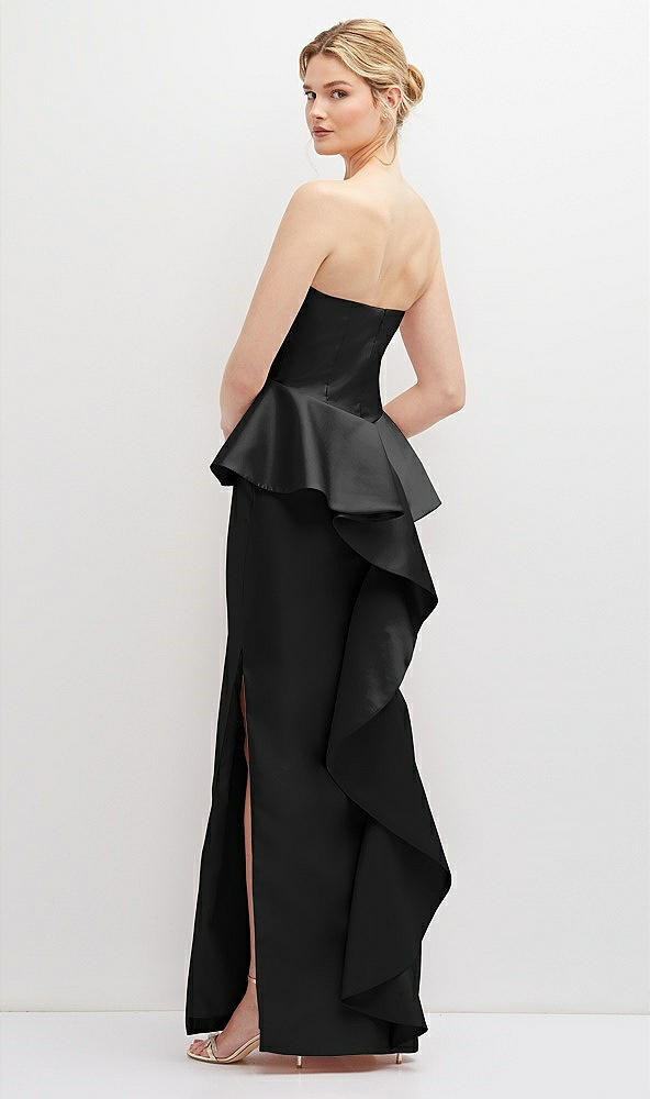 Back View - Black Strapless Satin Maxi Dress with Cascade Ruffle Peplum Detail