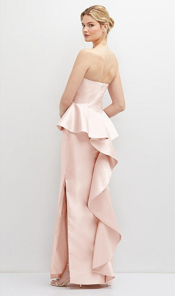 Back View - Blush Strapless Satin Maxi Dress with Cascade Ruffle Peplum Detail