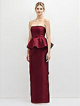 Front View Thumbnail - Burgundy Strapless Satin Maxi Dress with Cascade Ruffle Peplum Detail