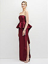 Side View Thumbnail - Burgundy Strapless Satin Maxi Dress with Cascade Ruffle Peplum Detail