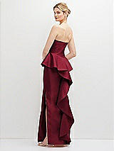 Rear View Thumbnail - Burgundy Strapless Satin Maxi Dress with Cascade Ruffle Peplum Detail