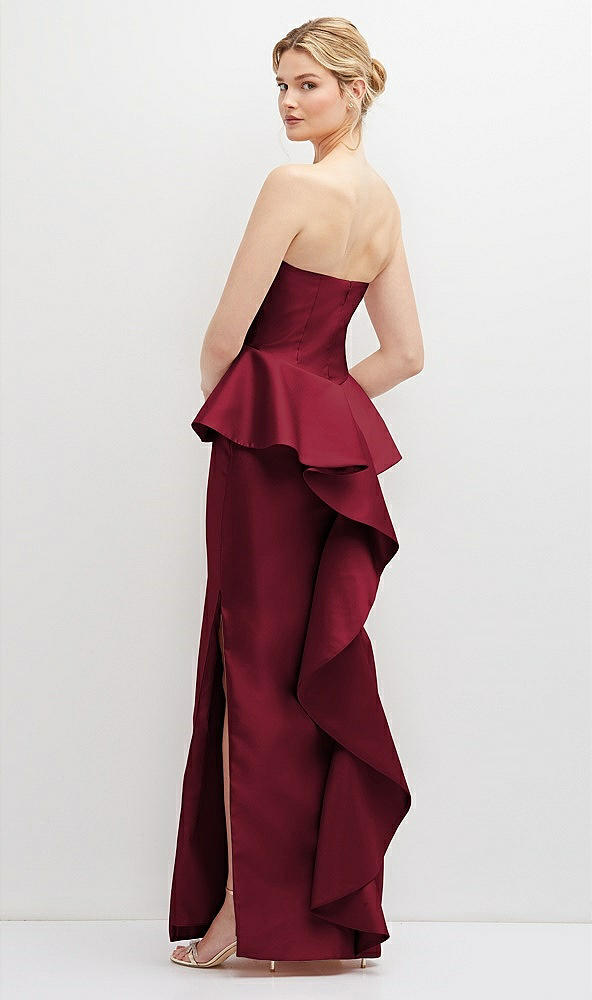 Back View - Burgundy Strapless Satin Maxi Dress with Cascade Ruffle Peplum Detail