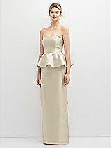 Front View Thumbnail - Champagne Strapless Satin Maxi Dress with Cascade Ruffle Peplum Detail