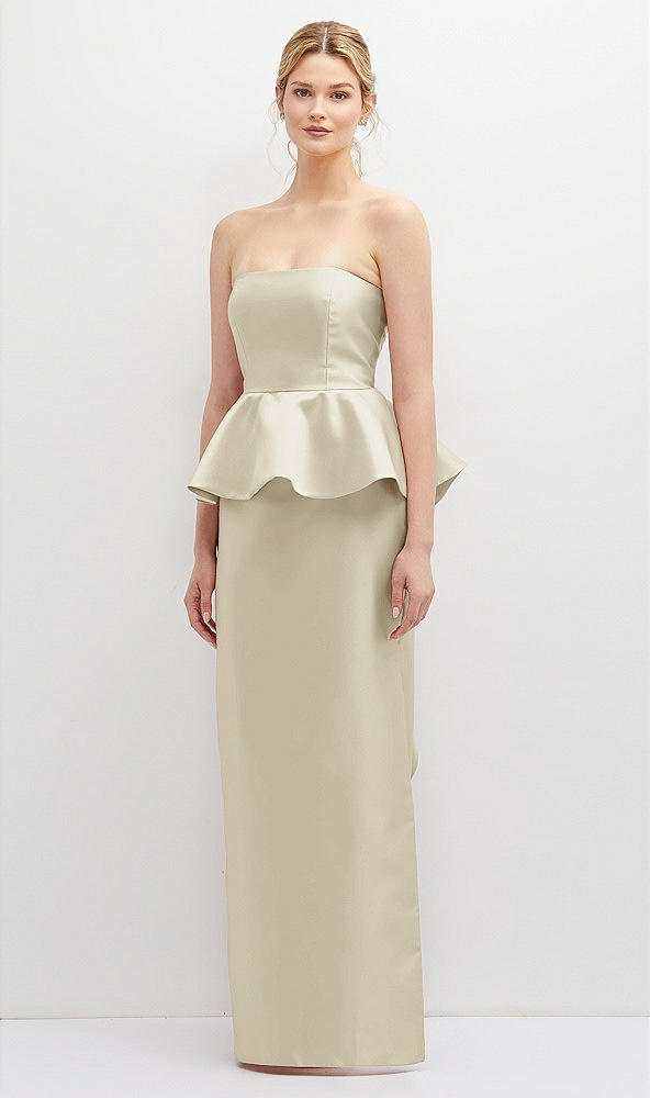 Front View - Champagne Strapless Satin Maxi Dress with Cascade Ruffle Peplum Detail