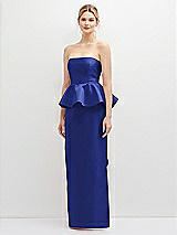 Front View Thumbnail - Cobalt Blue Strapless Satin Maxi Dress with Cascade Ruffle Peplum Detail