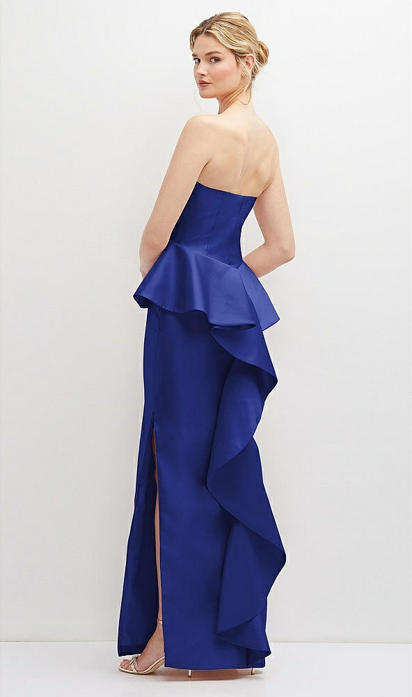 Back View - Cobalt Blue Strapless Satin Maxi Dress with Cascade Ruffle Peplum Detail