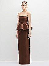 Front View Thumbnail - Cognac Strapless Satin Maxi Dress with Cascade Ruffle Peplum Detail