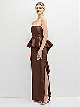 Side View Thumbnail - Cognac Strapless Satin Maxi Dress with Cascade Ruffle Peplum Detail