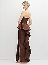 Rear View Thumbnail - Cognac Strapless Satin Maxi Dress with Cascade Ruffle Peplum Detail