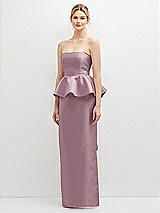 Front View Thumbnail - Dusty Rose Strapless Satin Maxi Dress with Cascade Ruffle Peplum Detail