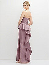 Rear View Thumbnail - Dusty Rose Strapless Satin Maxi Dress with Cascade Ruffle Peplum Detail